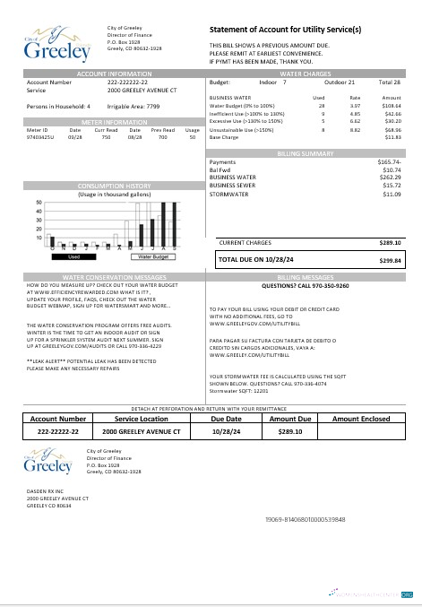 USA Colorado City of Greeley water business utility bill template in Word and PDF formats